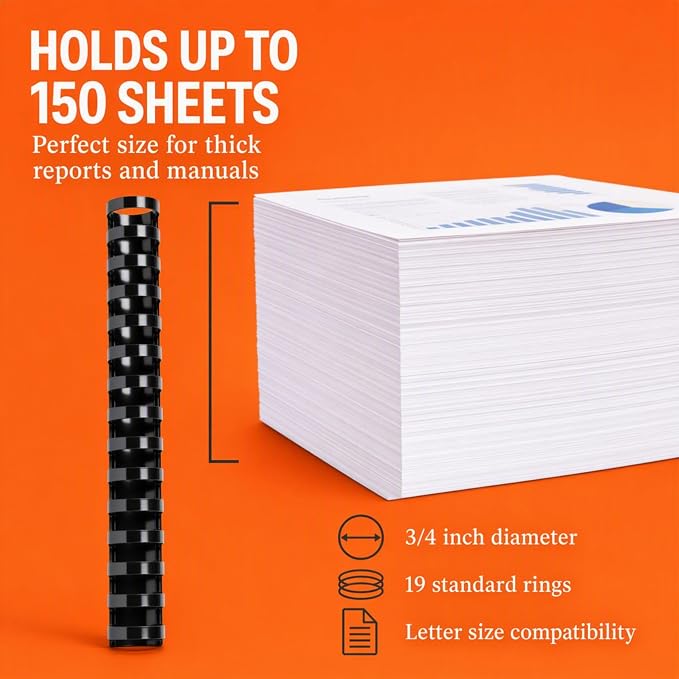 Binding Combs 100 Pack, 3/4 Inch Plastic, Holds 150 Sheets - Performore | 19 Ring Comb Binding Spines for Letter Size Paper, Binder Combs for Reports, Presentations, Planners, School and Office