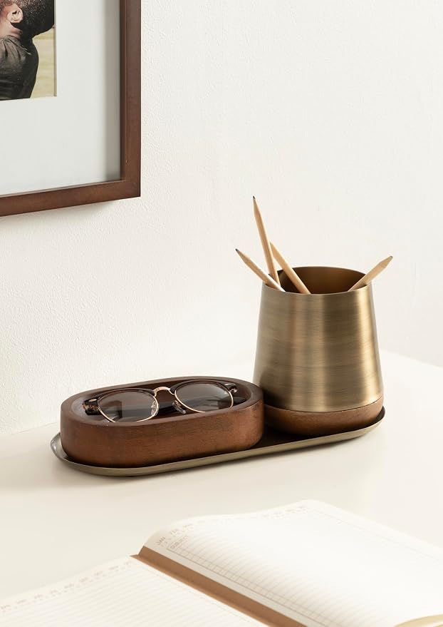 Kate and Laurel Koni Modern Three-Piece Tabletop Organization Set, 12 x 5 x 5, Walnut Brown and Antique Brass, Wood and Metal Organizational Set for Home Office or Entryway Decor