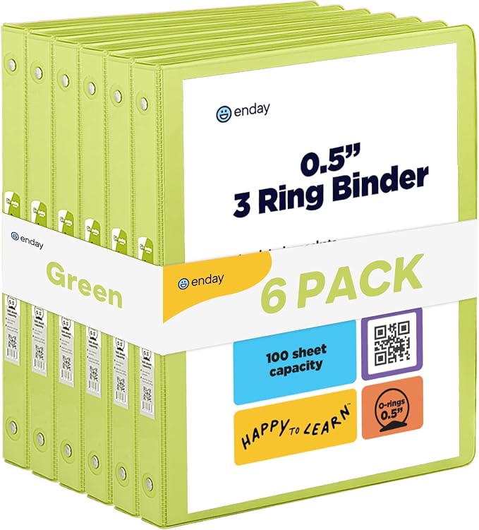Enday 1/2 inch Binder 3 Ring Binder (6 Pack - Green) O-Ring Binder with Clear View Cover and 2 Inside Pocket - for Letter Size 8.5 x 11'' Paper, Ideal for School Supplies, Office, and Home