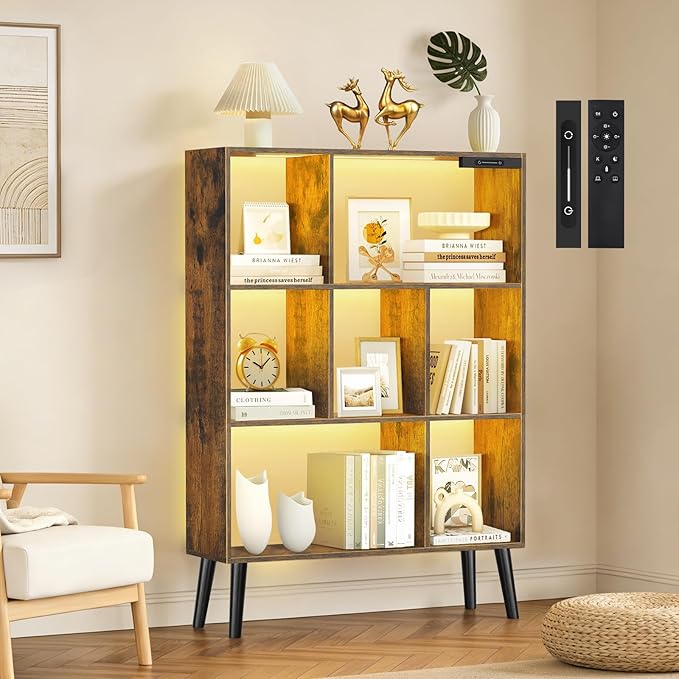 7-Cube Bookshelf with LED Lights, Touch & Remote Control, Freestanding Open Bookcase Storage Shelf, Dimmable Modern Wooden Display Organizer with Legs for Living Room, Bedroom (Rustic Brown)