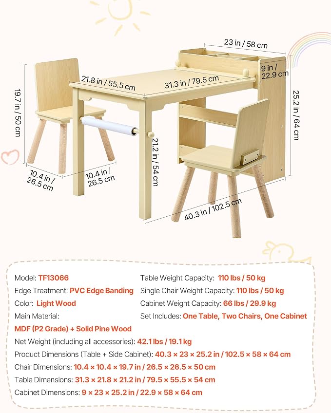 VEVOR Kids Art Table and Chair Set, Toddler Activity Table with Storage, Wood Kids Craft Desk with Paper Roll for Drawing, Reading, Writing, Kid Play Table for Nursery, Playroom, Classroom, Natural