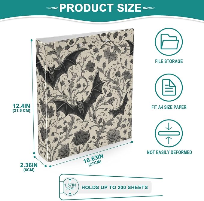 Gothic Bat Round Ring Binders Floral (8) 1.5 Inch 3 Ring Binder with Clipboard Holds 200 Sheets Office Home School