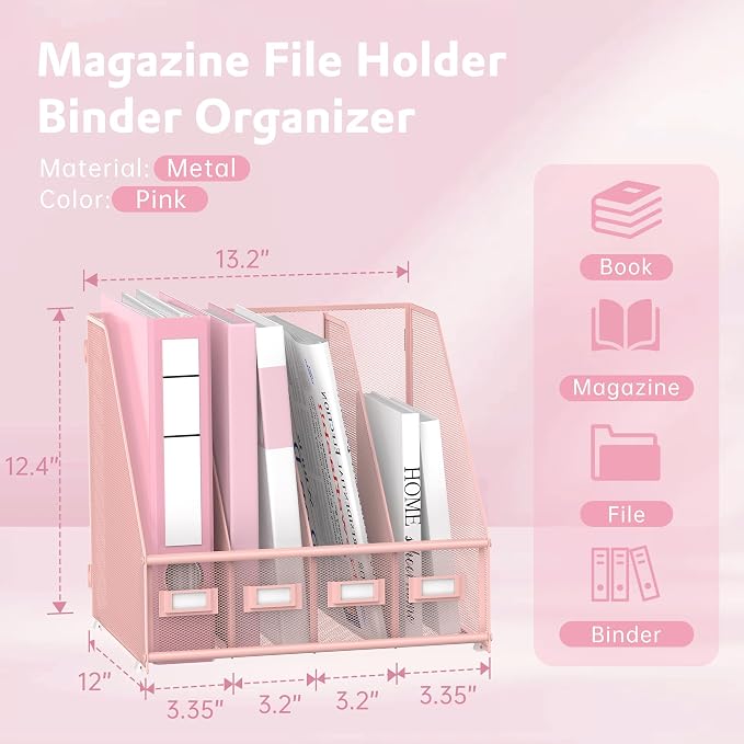 4-Compartment Magazine File Holder and File Organizer for Desk, Pink | Metal Magazine Holder and Magazine File Holder, 4-Compartment File Organizer for Binders Folders Magazines and Paper