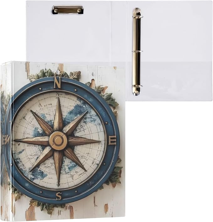 3 Ring Binder Vintage Nautical Compass 1.5 inch Binders Three Ring Binders with Clipboard Fit 8.5'' x 11'' Paper 3 Interior PVC Clear Pockets for Office Supplies