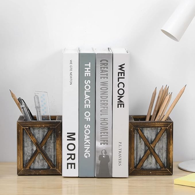 MyGift Rustic Bookends with Pen Holder, Wood & Metal Desk Organizer | Keeps books upright while built-in compartments organize pens, pencils, and desk essentials for work or study spaces