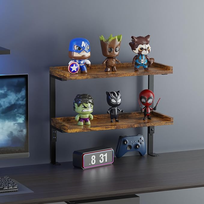 Clamp On Desk Shelf 2-Tier, 16.5 in Wood Shelving Unit for Office Desk/Gaming Accessories, Tabletop Book Storage Rack, Shelf for Top of Desk, Brown