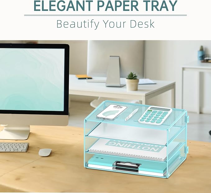 DALTACK 3 Tier Letter Tray Paper Organizer with Sliding Mesh Trays Blue | Metal Mesh File Organizer with Sliding Trays for Letter and A4 Paper, Mail, Bills, Folders and Office Documents