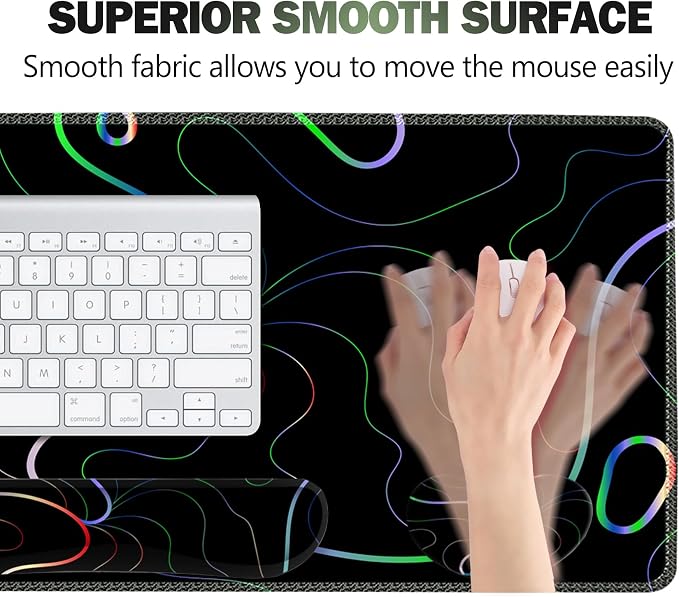 Gaming Mouse Pad Wrist Support Set, XXL Large Desk Mat Mousepad + Keyboard Wrist Support+ Mouse Wrist Rest+Coaster 4in1 Ergonomic, Memory Foam, Stitched Edge for Home Office -Colorful Lines
