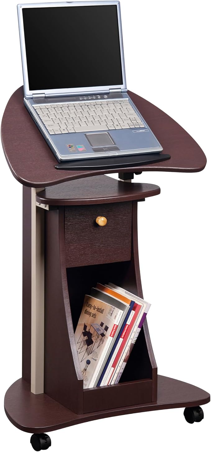 Techni Mobili Sit-to-Stand Rolling Adjustable Storage Medical Laptop Computer Cart, Chocolate, B005 | Adjustable Height Rolling Laptop Cart w/Tilting Top, Storage Shelf, Locking Wheels, Sit to Stand Desk,Mobile Podium,Chocolate