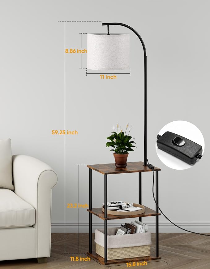 Floor Lamp with Table, Night Stand with Lamp, Narrow Side Table with 3CCT LED Bulb, Small Coffee Table, Modern End Table with Storage Shelves for Living Room Bedroom Home Décor