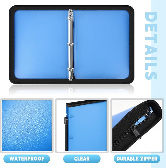 Teling 8 Pcs 1 Inch Zipper Binder 3 Ring Organizer, Blue | Secure Zipper Closure, Refillable 3 Ring Design, Handle Carry, Fits Letter Size Papers for School, Office and Projects