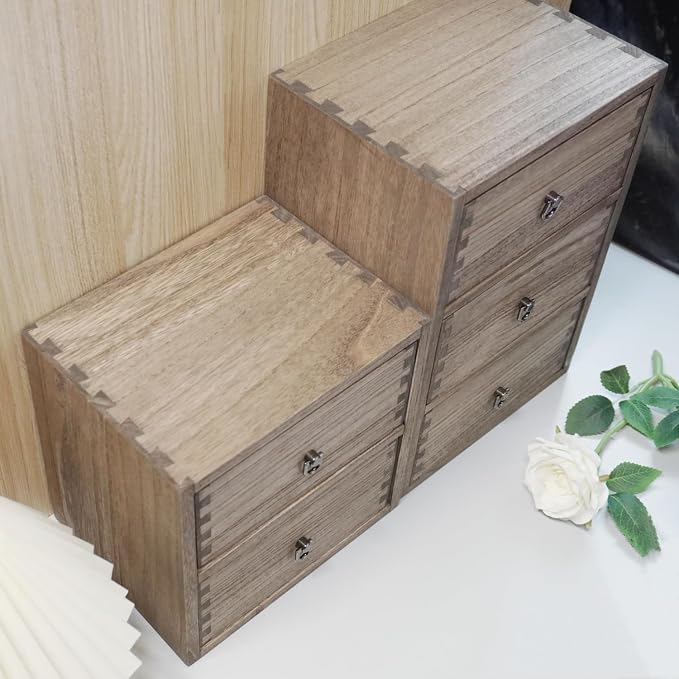 DDYURI Wooden Desktop Drawer Organizer Box 2-Tier Tabletop Storage Cabinet for Office Makeup Dressing Table Dark Brown
