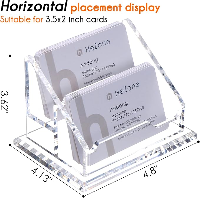 HeZone Acrylic Business Card Holder For Desk Clear Business Card Display Stand 2 Tier 2 Slots Business Cards Holders for Men And Woman, Organize 100 Cards-1 Pack (2 Solt-H)