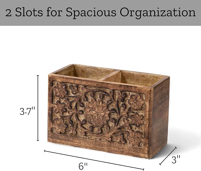 Mie Creations 2 Slot Rustic Pen Holder, Wooden Office Organizer 6'' | Large Pencil Stand for Desktop Table, Floral Handcarved Wood Desk Accessories, Multipurpose School Study Home Supplies