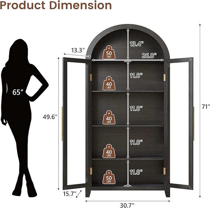 Vlsrka 71" Arched Kitchen Pantry Storage Cabinet with Glass Doors | 5-Tier Display Cabinets for Collectibles, Tall Bookcase with LED Light & Motion Sensor, Curio Cabinet with Adjustable Shelf