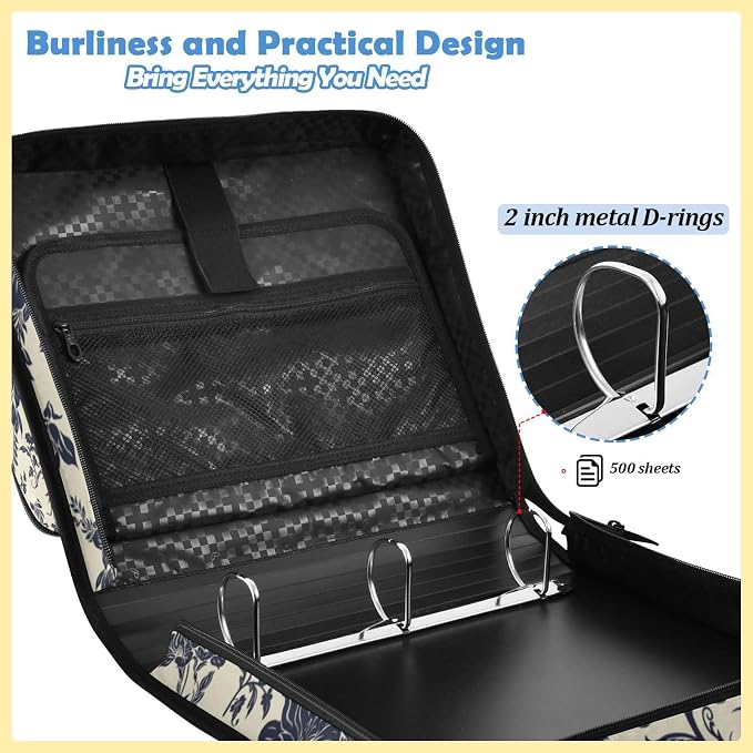 Goth Bats Floral Zipper Binder File Organizer Bag 3 D-Ring | with Shoulder Strap, Holds 500 Sheets & 14in Laptop, 3 Ring Binder for Office Supplies