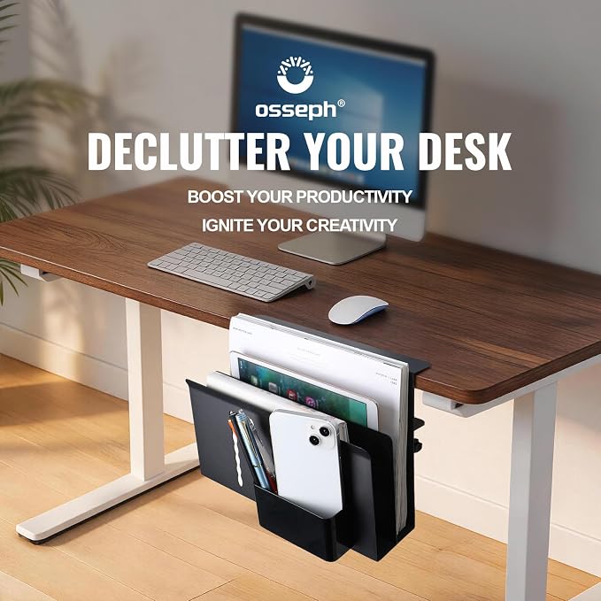 2 Tie Desk Side Storage, Under Desk Storage Organizer, Black | osseph Desk Storage, No Drill Clamp to 0.5-2.38" Desks, Cooling Vents Vertical Rack, Magnetic Pen Holder, 30 Lbs Carbon Steel
