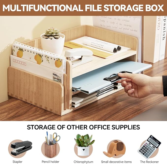 KIRIGEN Wood Desk Organizer, 5-Tray Letter Tray and Mail Sorter Natural 2TP | Solid Wood 3-Tier Desktop Organizer with 5 Storage Areas for Mail, Folders, Letter Paper and Office Supplies, Fully Assembled