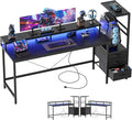 60 inch Gaming Desk with Drawers, Reversible Computer Desk, Black | Gamer Desk with LED Lights, Power Outlets & Monitor Stand, Large Office Table for Home Bedroom Study Work Writing