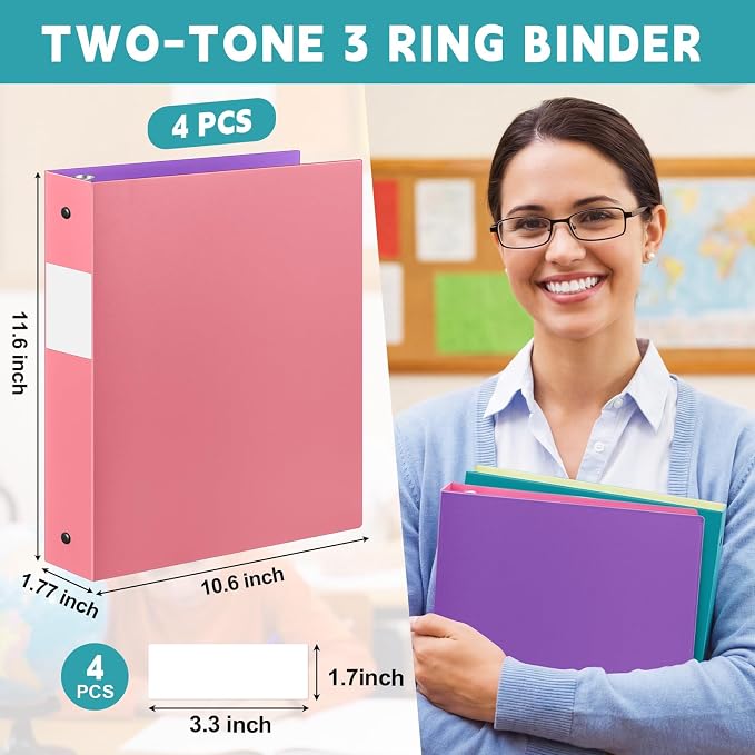 Henoyso 4 Pack Two-Tone Durable 3 Ring Binders 1.5 Inch, 4 Inner Pockets, Colored Plastic Flexible Binders with Large Capacity for School & Office