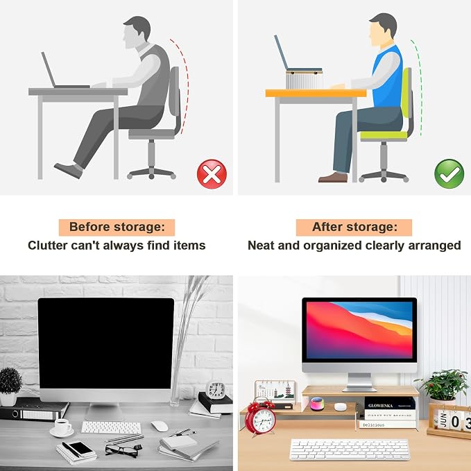 YGYQZ Adjustable Monitor Stand Riser, 7.67"×19.3" Dual Monitor Desk Stand | Adjustable Monitor Riser, Expandable Desk Organizer, 2-Tier Storage, Acrylic Legs, Ergonomic Workspace, Wood Wavy