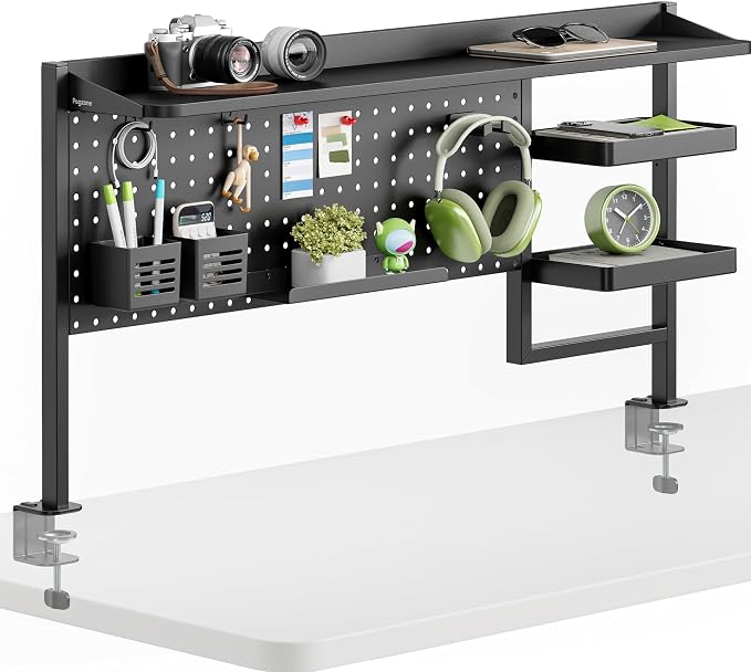 Clamp on Desk Shelf, 44" Desktop Shelving System, Black | with Pegboard and Accessories, Desktop Organizer with 2-Tier Shelf, Desk Pegboard for Office Home Gaming