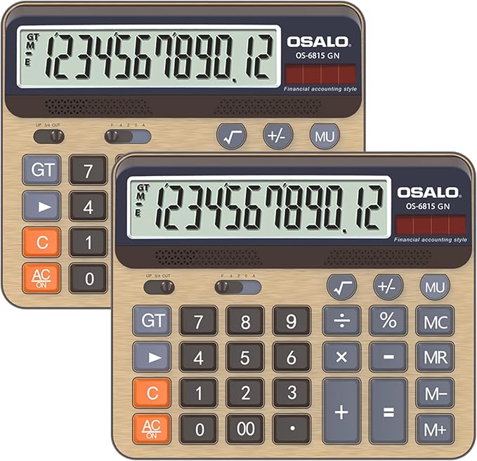 Desktop Calculator Extra Large 5-Inch LCD Display 12-Digit Big Number Accounting Calculator with Giant Response Button, Battery & Solar Powered, Perfect for Office Business Home Daily Use(6815GN-2pcs)