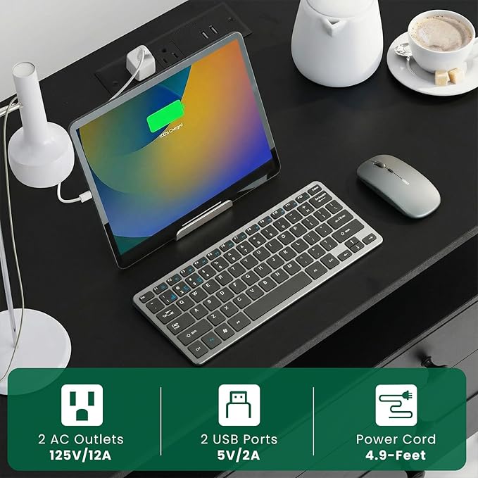 27" LED Nightstand Set 2 with Charging Station, 2 Drawers, Black | RGB App Control, 2 AC Outlets & 2 USB Ports, Open Storage, Adjustable Feet, Wood Tall Nightstand for Bedroom or Office
