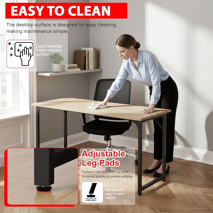 PayLessHere | 55 Inch Computer Desk | Nature | Office Desk with Metal Frame, Adjustable Feet | Water-Resistant, Scratchproof Surface | Sturdy Writing Table for Home Office or Study | Pack of 1