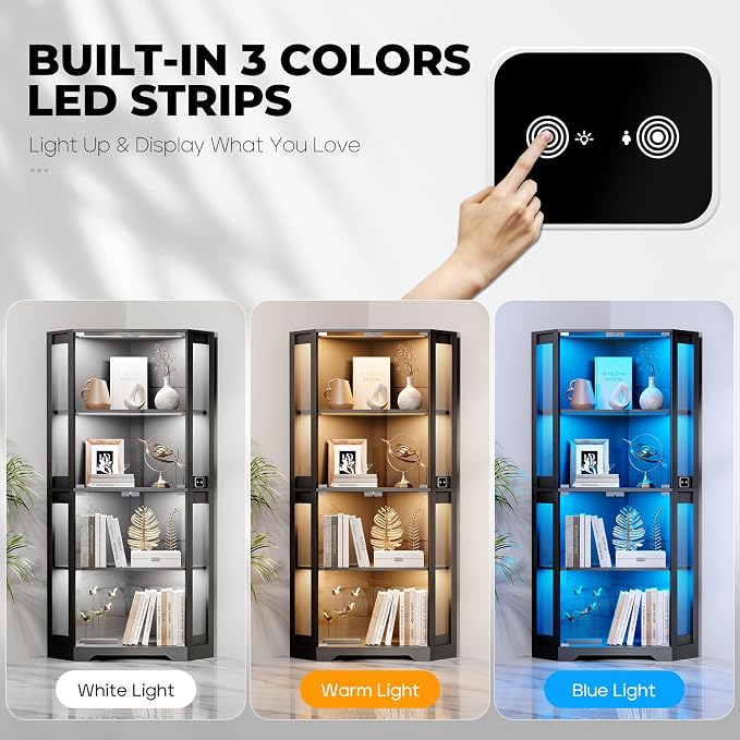BROTTAR Lighted Corner Display Cabinet with Glass Doors for Collectibles | 65" Curio Cabinet with 3 Color LED Lights, 4-Tier Showcase Display Case with Human Body Sensor for Trophies, Books, Black