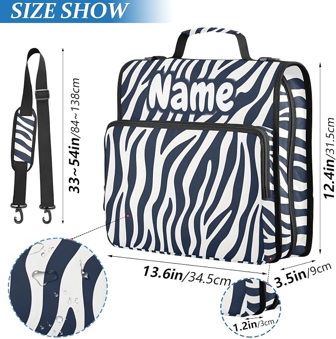 Custom Blue White Zebra Print 3 Ring Binder Bag 1.5 inch Personalized Name Binder Organizer 500 Sheet Documents Storage for School Office
