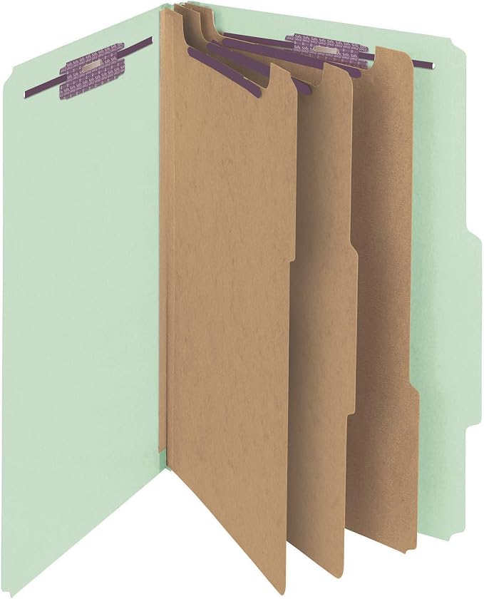 Smead Pressboard Classification File Folder with SafeSHIELD Fasteners, 3 Dividers, 3" Expansion, Legal Size, Gray/Green, 10 per Box (19091) (Pack of 1)
