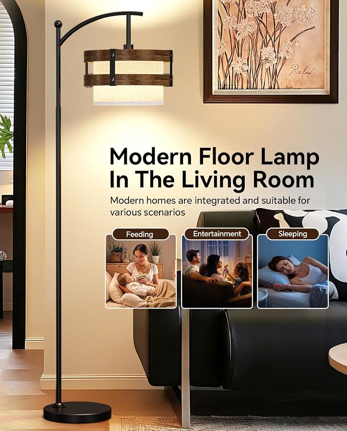 67" Industrial Floor Lamp with Wood & Black Metal Shade, Modern Standing Lamp, Rustic Farmhouse Tall Lamp for Living Room Bedroom Office, 2700K Bulb & Foot Switch Included (Black+ Wood -FL-2529)