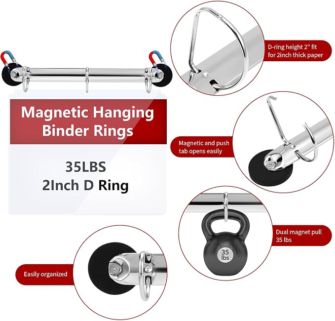 DLUGOPIS 5 Pack 3 Ring Magnetic D Ring Binder, 2 inch, Silver, Letter Size, 35 Pound Pull Force, Metal