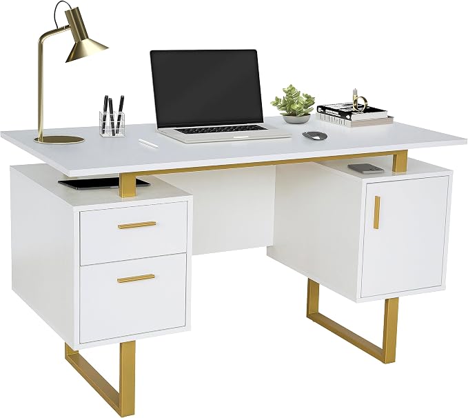 Techni Mobili 51"W Computer Desk w/ 2 Drawers & Storage Cabinet, White/Gold | Home office workstation, durable construction, everyday productivity, Ideal for home office, Workspace organization