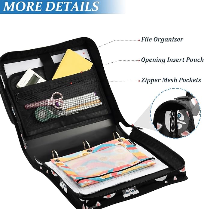 Cartoon Husky Dark Print Zipper Binder Bag 3 Ring with Shoulder Strap & Handle Multi Pocket Binder Organizer Bag Large Capacity for School Office Supplies
