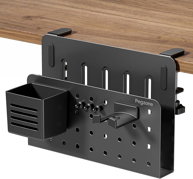 Under Desk Storage Organizer, Laptop Holder for 0.4"-2.2" Desk Edge, Black | Holds 22lbs, Clamp on Desk Organizer with Pegboard Design, Fits 0.4"-2.2" Desktop Edge