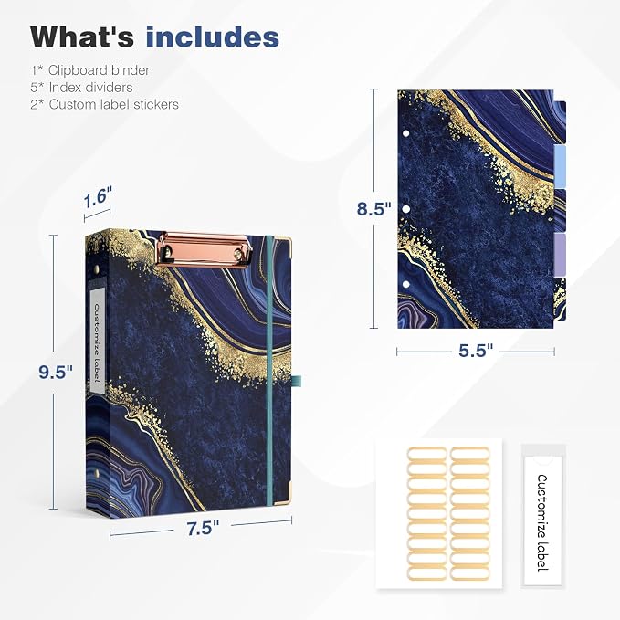 Ospelelf Mini 3-Ring Binder, 1 Inch, Cute Blue Marble Binder for 5.5" x 8.5", with 5 Tab Dividers, File Folder Labels and Low-Profile Clipboards, School and Office Supplies