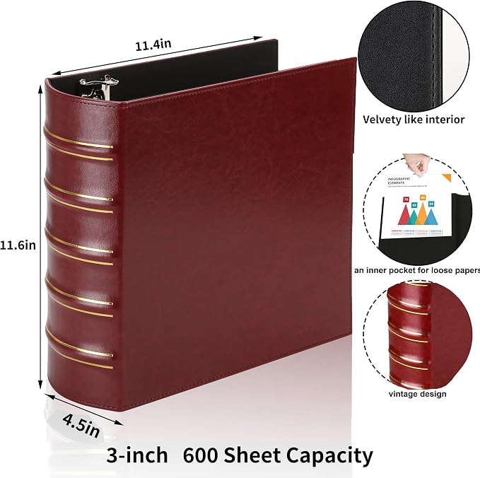 LETVPVOW Vintage Hardback 3 Ring Binder 3 Inch, Professional Leather Binder 3 Ring, Three Ring Binders Fits 8.5 x 11, D Ring Binders for Photo Album, Home, School and Office Supplies- Dark Red