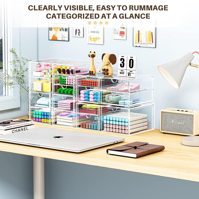 4-Pack Acrylic 16-Drawer Storage & Makeup Organizer for Desk | Smooth-glide drawers, clear acrylic, stackable, dustproof, wipe clean, for office supplies, pens, jewelry, makeup