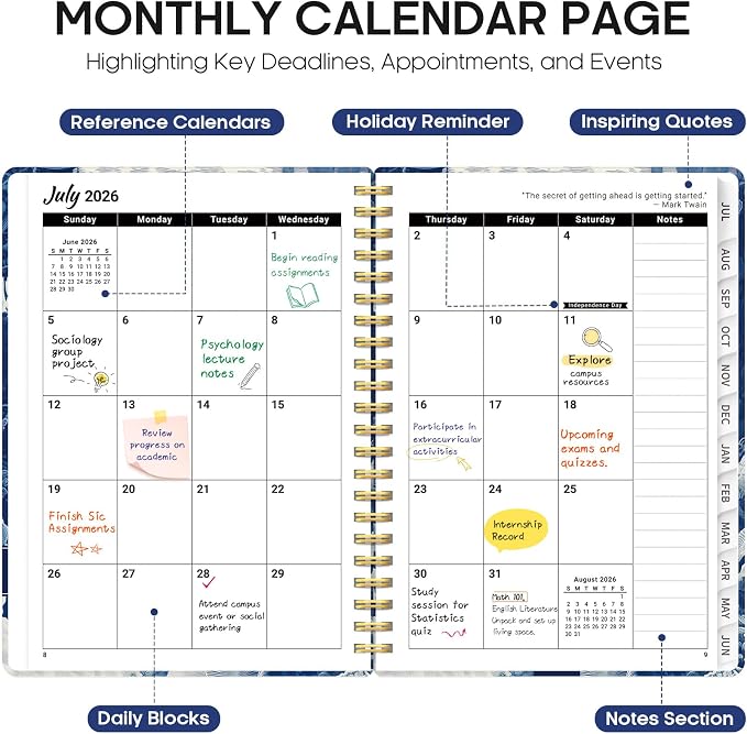 Planner 2026-2027, Monthly & Weekly Jul 2026-Jun 2027 Calendar Book | 6.3" x 8.5", Hardcover Spiral Planner with Tabs, School & Daily Pretty Agenda for Women, Students, Teachers, Ocean Etching