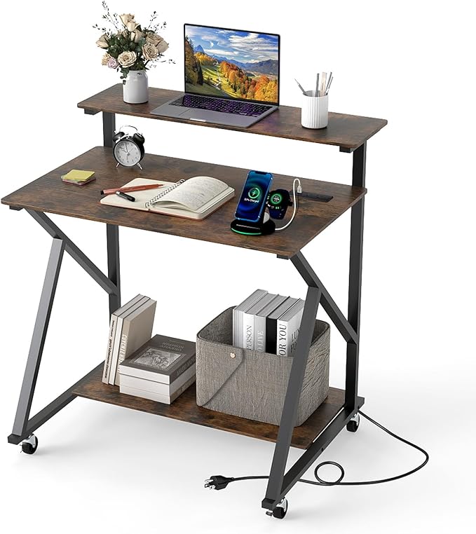 Giantex Rolling Small Desk with Storage, Compact Computer Desk for Small Spaces with Charging Station, Monitor Stand, Lockable Wheels, Study Writing Desk for Home Office, Bedroom (Rustic Brown)