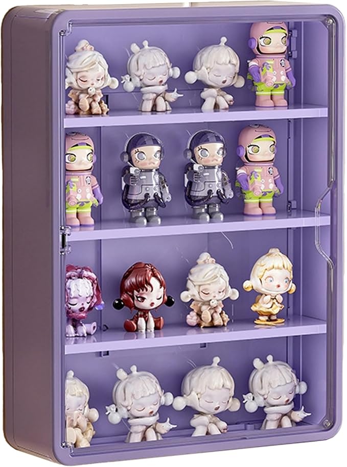 Wall Mounted Display Case for Figures, 15.75" High, Shadow Box with Shelves | Hanging Trinket Display Shelf for Collectibles Action Doll Blindboxes Storage, 4-Layer Purple Shelf with Magnetic Door 1 Pack