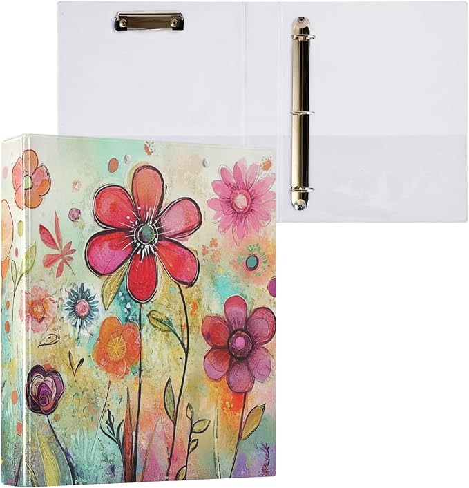 Flowers Round Ring Binders 1.5 Inch Cute 3 Ring Clipboard Binder for Office School Work Supplies Document 200 Sheet Capacity Easy Open 2 Pieces