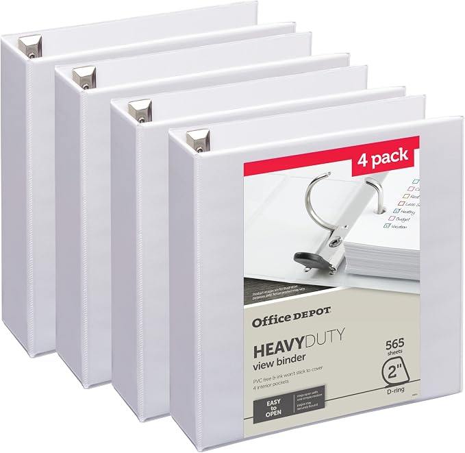 Office Depot® Heavy-Duty View 3-Ring Binder, 2" D-Rings, White, 49% Recycled, Pack of 4