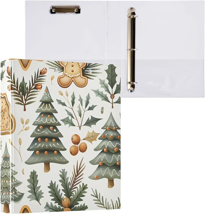 Gingerbread Plant Green Christmas Tree Cookie 3 Ring Binder with 2 Interior Pockets 1.5 inch Binders 3 Ring Heavy Duty Fit 8.5" x 11" Letter Size for Office School, 2 Pack