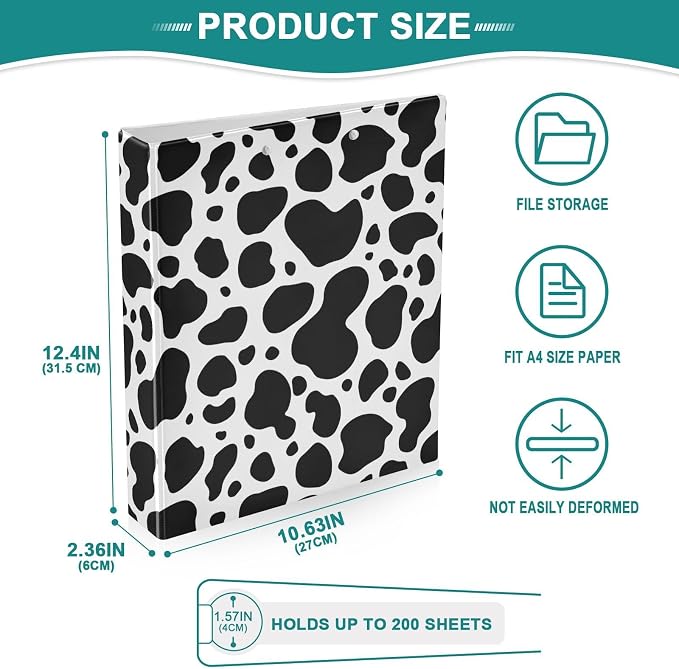 3 Ring Binder Cow Print 1.5 Inch Three Ring Binder | Cute Binder with 3 Storage Pockets for Women School Office Supplies