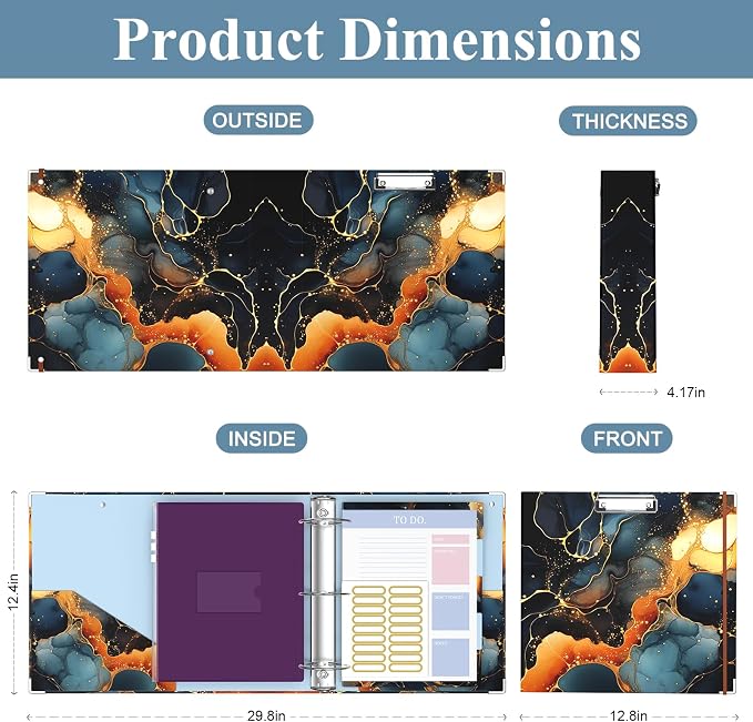 3 Ring Binder, 3 Inches Round Ring Binder with Clipboard, Dividers Tabs, PVC Zipper Bag Sleeves & to Do List Planners for Women, Men, School, Office Supplies, Abstraction