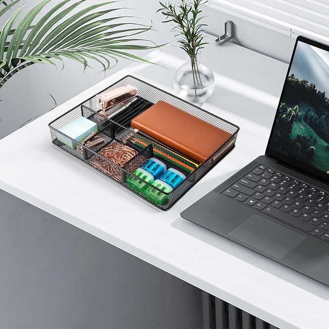 VyGrow Desk Drawer Organizer Tray, Metal Mesh Drawer Organizers Office, 4 Grid with Adjustable Compartment, Desk Organizer Tray for Home Office 12x10.6x1.9 inch Black, 2 Pack