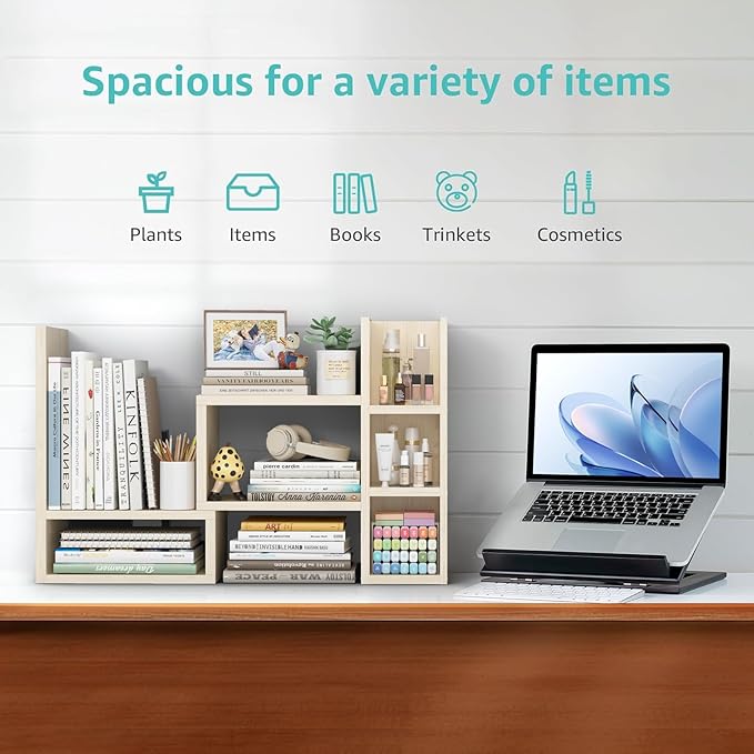 NUTIKAS Desk Shelves Desktop Organizer Shlef - Natural Wood Tone Office Organization for Top of Desk Organizers and Accessories Corner Bookshelf Table Top Shelving Small Hutch Decorations for Office
